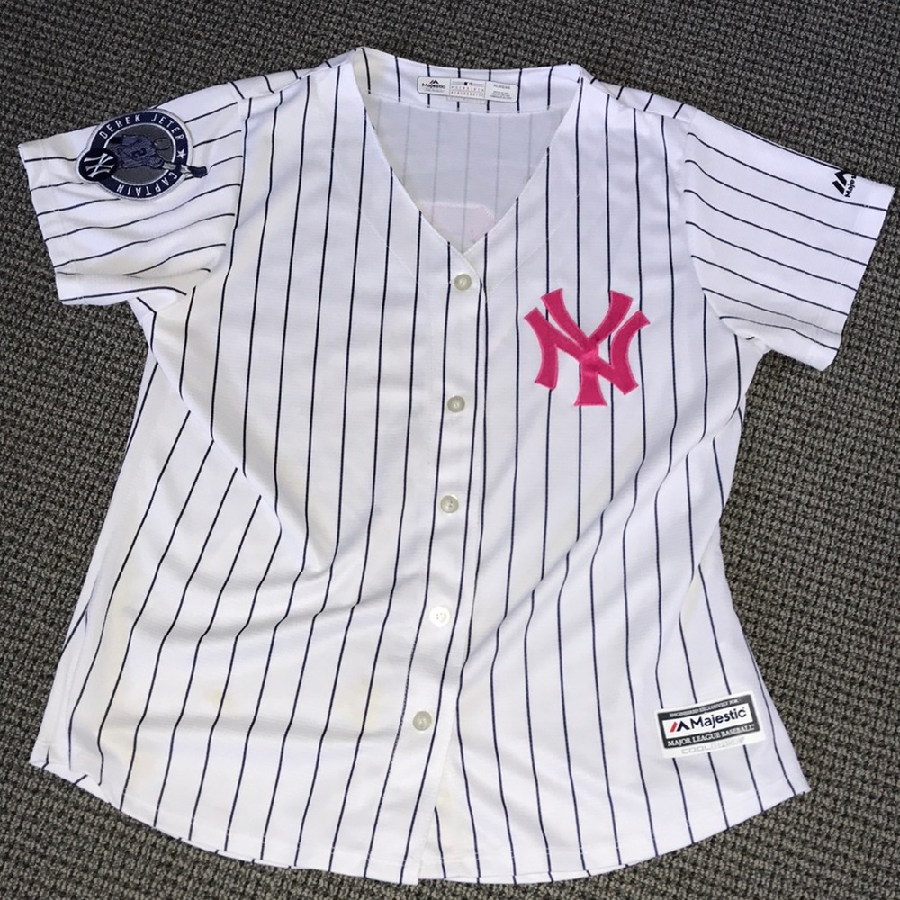 New York Yankees #2 Derek Jeter Captain jersey pink numbers Majestic womens XL